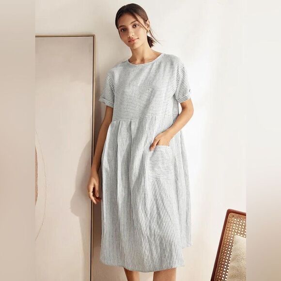 Lintico Morgan 100% Linen Striped Short Sleeve Midi Dress Boho Lagenlook Size S - Picture 7 of 16